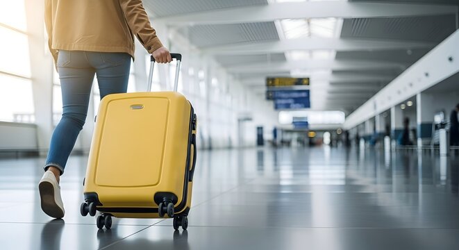 Traveler with yellow rolling luggage walking through a modern airport terminal, blurred motion capturing the journey and anticipation of travel, bright and airy.