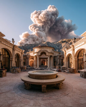 Historic courtyard fountain beneath a towering ash cloud over old buildings