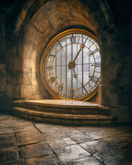 Fototapeta premium Aged stone clock face in a shadowed historic alcove with steps