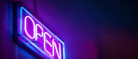 Obraz premium Vibrant neon 'OPEN' sign glows against dark wood wall