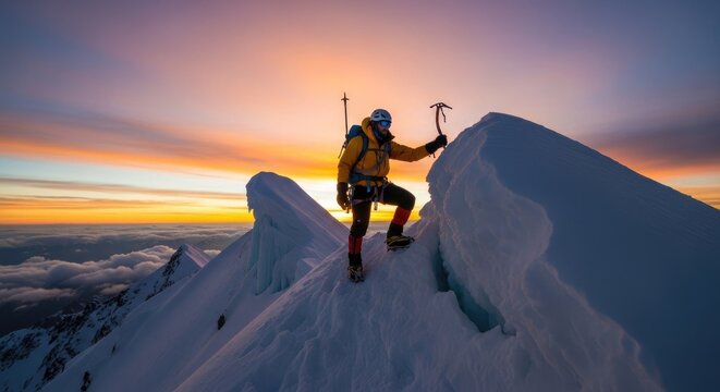 Mountain climber reaching summit at sunset with ice axe and colorful sky