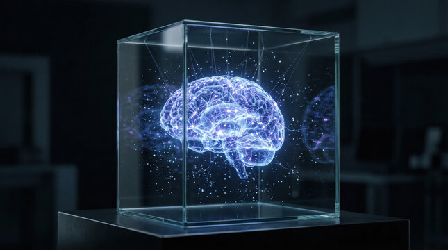Floating holographic projection of a human brain inside a transparent cube