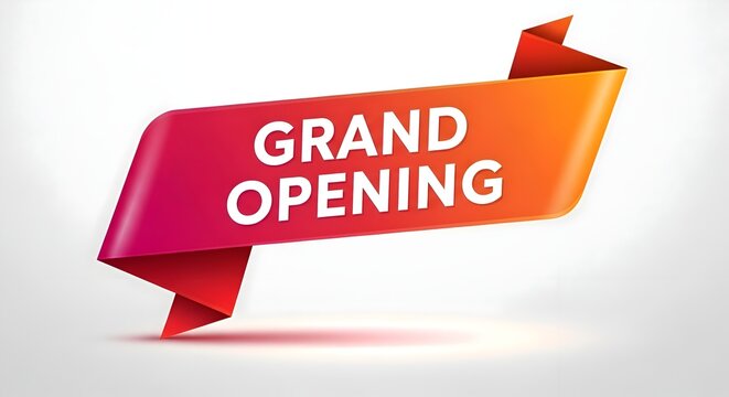 Vibrant 'Grand Opening' ribbon banner with a glossy, three-dimensional effect, featuring bold white text on a gradient red and orange background, perfect for promotional materials and celebratory anno