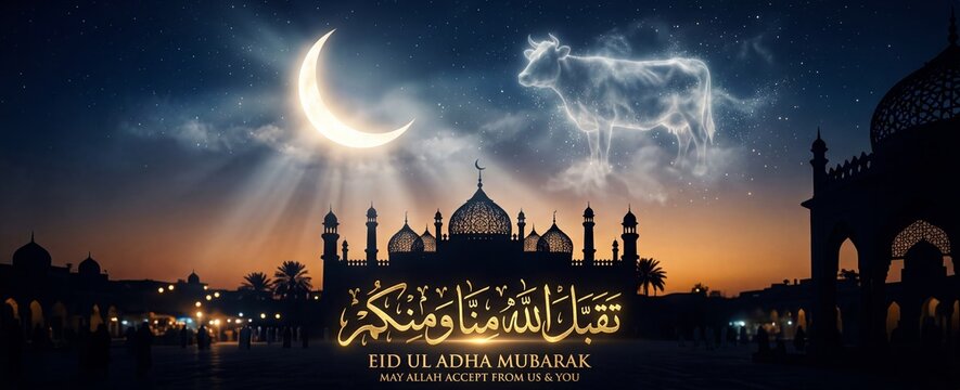 Eid ul adha mubarak greeting with mosque silhouette at sunset