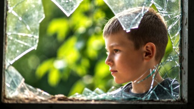 Child looking out through broken window into green foliage