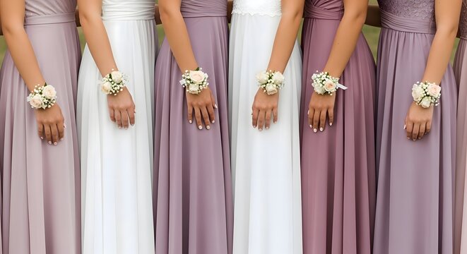 Elegant bridesmaids in flowing gowns with delicate floral wrist corsages, showcasing a harmonious palette of lavender, white, and mauve hues, creating a serene and romantic atmosphere.