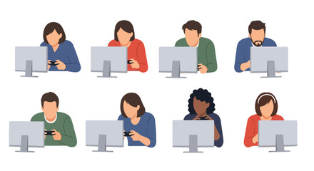 Flat minimalist vector of a person holding a game controller, focused on an off-screen monitor, no outlines, white background. © Haris Lost