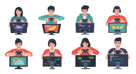 Flat minimalist vector of a person holding a game controller, focused on an off-screen monitor, no outlines, white background. © Haris Lost