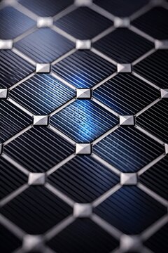 Isometric Macro of Repeating Crystalline Silicon Photovoltaic Pattern with Blue Iridescence.