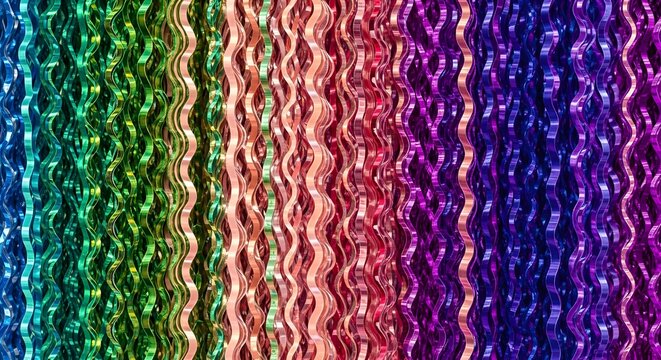 Vibrant and colorful metallic fringe curtain backdrop, shimmering rainbow texture, perfect for party decorations, event backdrops, or festive celebrations, creating a dynamic effect.