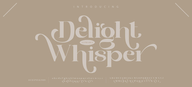 Delight Whisper Elegant alphabet letters serif font and number. Classic Lettering Minimal Fashion. Typography fonts regular uppercase, lowercase and numbers. vector illustration