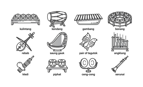 Set of traditional Southeast Asian musical instruments. Line art vector icons perfect for cultural, educational, or musical projects, including gamelan orchestra elements.