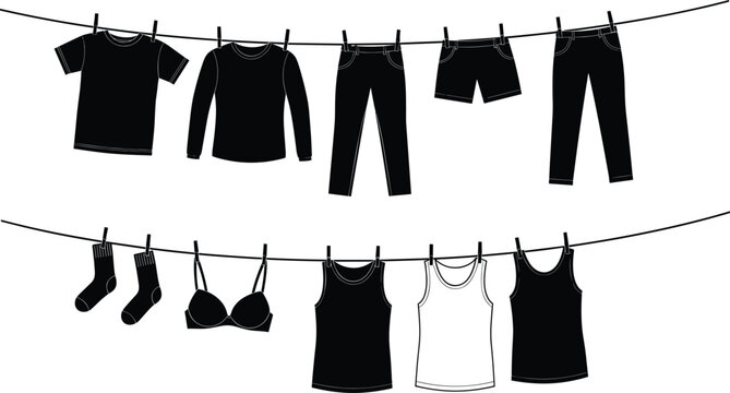 Laundry clothesline silhouettes, t-shirt, long-sleeved shirt, pants, shorts, socks, bra, tank tops, drying clothes, clothespins, wardrobe illustration, minimalist design