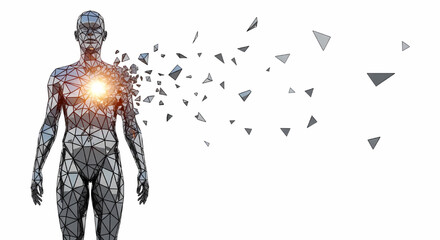 Obraz premium Human figure with glowing heart center disintegrating into geometric pieces on white its illustration only