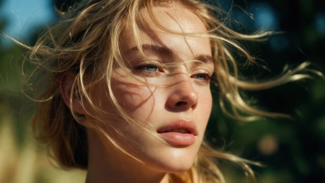 Young woman with windswept hair outdoors in soft daylight