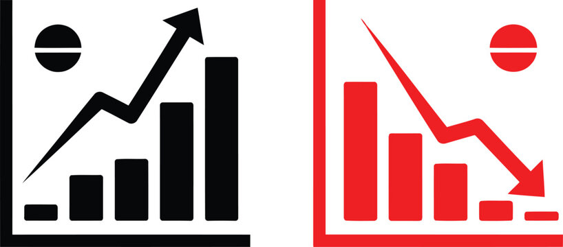 Comparison of business growth and decline represented by black and red bar charts with arrows Vector