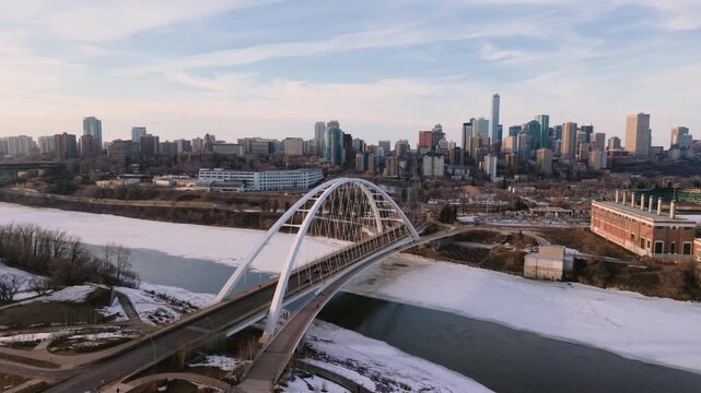 Winter/Spring Drone Shot of Walterdale Bridge in Edmonton, Canada