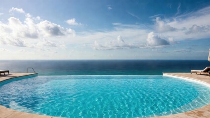 Fototapeta premium Curved infinity pool reflecting sky above coastal panorama