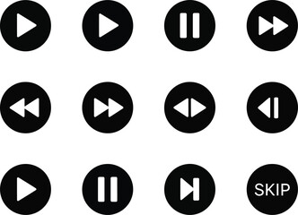 Set of black media player control icons including play, pause, skip, and rewind on white background. Vector © Mst