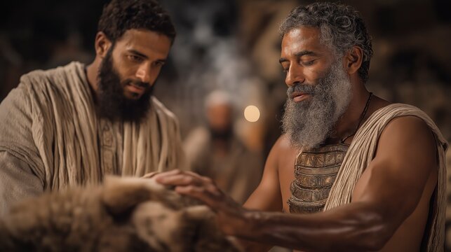 An Israelite presents an unblemished bull as Aaron the high priest lays hands on it, morning light and rising smoke revealing reverence, atonement, and sacred obedience.
