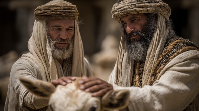An Israelite presents an unblemished bull as Aaron the high priest lays hands on it, morning light and rising smoke revealing reverence, atonement, and sacred obedience.
