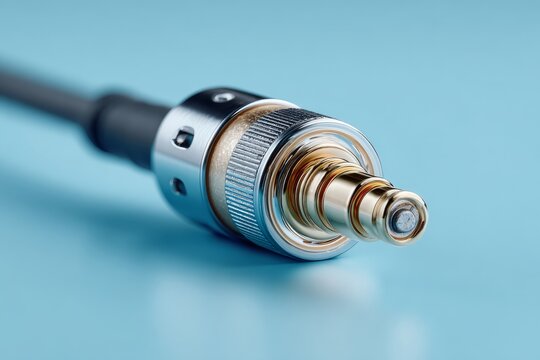 An ultra-close-up image reveals the sophisticated craftsmanship of a metallic coaxial female connector, showcasing its detailed pins and robust casing against a smooth, light blue background.