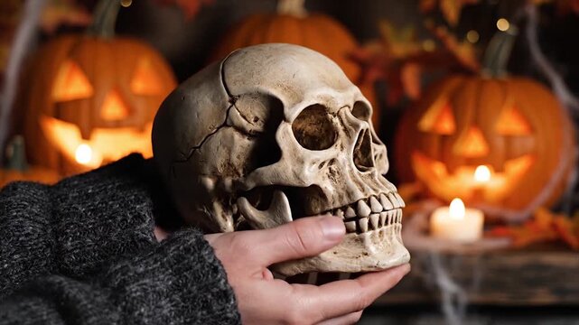 Human hand holding realistic skull with glowing Halloween pumpkins in background