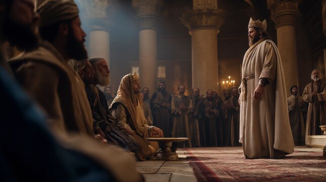 Esther stands boldly in a royal banquet, confronting the king and Haman as shock and fear reveal courage, justice, and divine timing.
