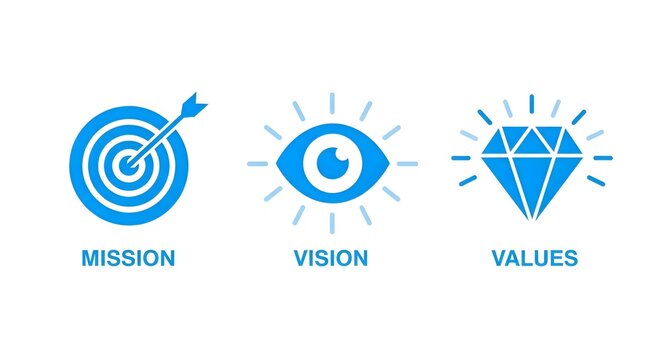 Modern business concept with vibrant blue icons representing mission, vision, and values, ideal for corporate presentations, strategy, and goal-oriented branding.