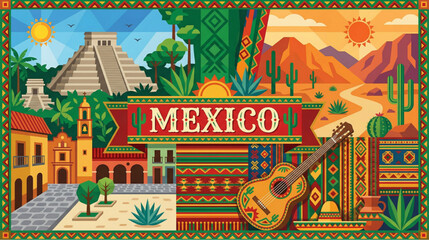 Fototapeta premium Colorful Mexican landscape illustration with ancient pyramid, desert scenery and traditional cultural elements