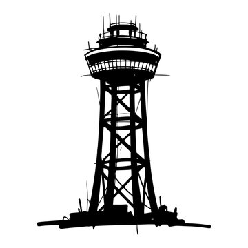 Artistic black and white sketch of an airport control tower or architectural observation deck