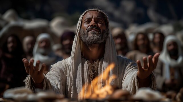 A powerful biblical scene of Aaron lifting his hands to bless the people after the offering, as fire blazes on the altar and Israelites stand in reverent order under bright Sinai daylight.
