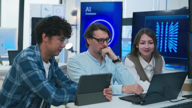 collaborative AI development team in modern tech office: young male developer coding on laptop, female team leader in light blue blazer pointing at code and neural network visualization	