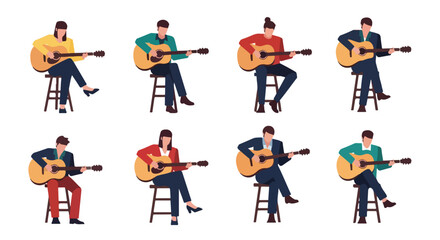 Fototapeta premium Collection of diverse people playing acoustic guitars while sitting on stools against a white background