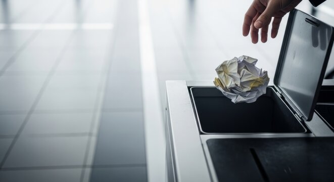 Hand discarding paper into modern recycling bin in office