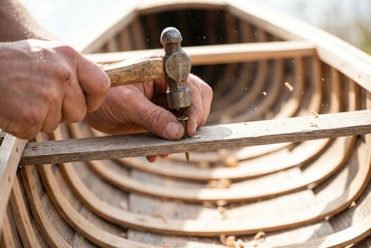 Carpenter using a ball peen hammer to drive a copper nail into a wooden boat rib