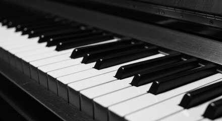 Naklejka premium Black and white piano keys in soft ambient lighting