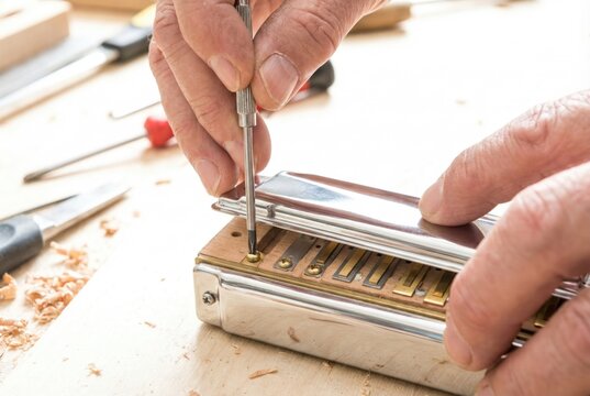 Artisan using a precision screwdriver to attach the shiny chrome cover plate to a wooden harmonica comb
