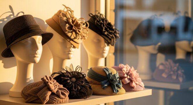 Elegant display of vintage hats on mannequins in boutique window