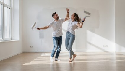 Fototapeta premium Joyful Young Couple Dancing and Celebrating in Their Newly Painted Empty Room Holding Paint Rollers and Radiating Happiness and Excitement for Their Home's Transformation and Shared Future.