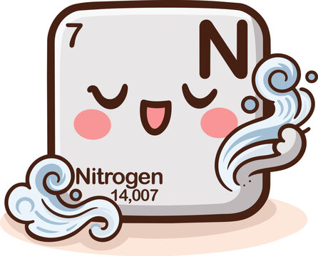 Cute kawaii nitrogen element illustration from the periodic table with atomic number 7 and symbol N. Adorable smiling character with flowing air and wind elements in a soft, playful style. 