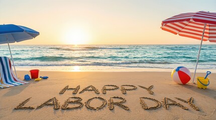 Sand writing of "Happy Labor Day" on a beach with colorful umbrellas, beach ball, and toys, ocean waves and sunset in the background creating a vibrant scene