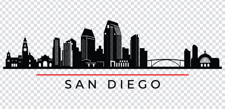 Vector illustration san diego city skyline silhouette with red line and text