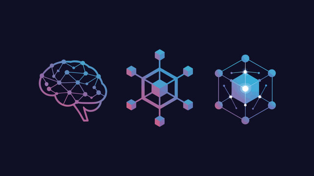 Artificial intelligence icons with digital brain and blockchain cubes. Futuristic neural network technology symbols. Machine learning and data science vector set.