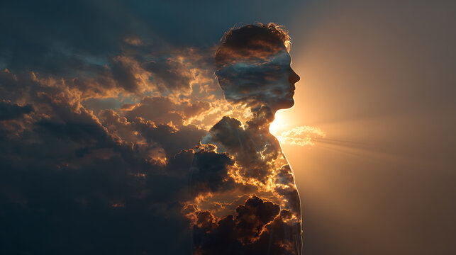 Double exposure of human profile with glowing sky and sunlight. Concept of mental health, hope, recovery, emotional healing, inner strength, clarity and positive transformation