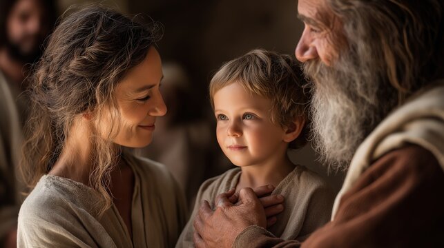Hannah presenting young Samuel before Eli at the sanctuary, a tender moment of surrender and fulfilled vow.