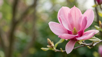 Obraz premium Pink magnolia flower in bloom on branch with blurred background 