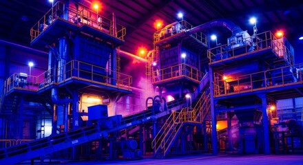 Fototapeta premium Industrial plant with vibrant neon lighting in factory setting
