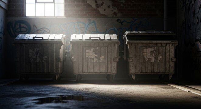 Industrial dumpsters in shadowy urban alley with graffiti
