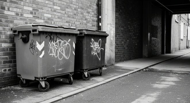 Urban alley with graffiti on dumpsters in cityscape scene